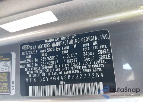 2017 Kia Sorento 2.4L L from USA, damaged, VIN 5XYPG4A38HG277284